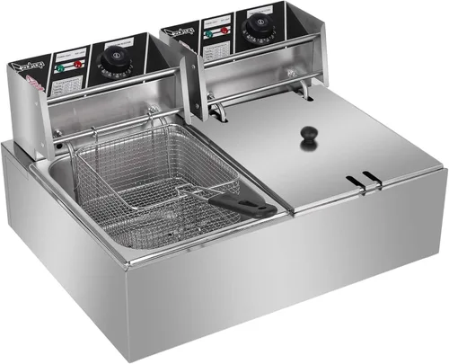 EH82 5000W MAX 110V 12.7QT/12L Acero Inoxidable Doble Cilindro Freidora Eléctrica Freidora Eléctrica Freidora Profunda Cesta Cocina Hotel