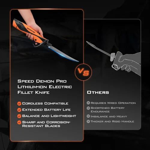 Vista 7 de KastKing Cuchillo de filete eléctrico inalámbrico con cuchillas afiladas de 7 y 9 pulgadas (Speed Demon Pro), recargable, de alta velocidad