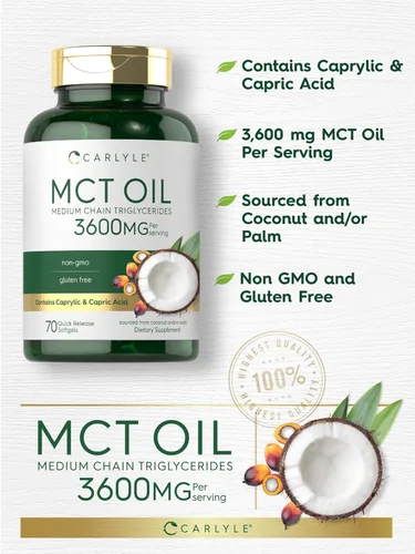 Vista 4 de Carlyle Cápsulas de aceite MCT 3600 mg 70 cápsulas blandas Aceite de coco Keto con ácido caprílico y cáprico Suplemento sin OMG y sin