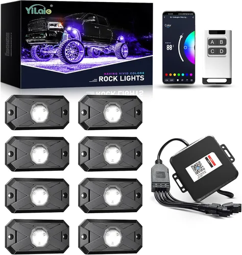 Vista 7 de YiLaie Luces LED RGB, 60 LED de alto brillo, kit de luz de neón multifunción impermeable para coche con control de aplicación/RF, luces de roca