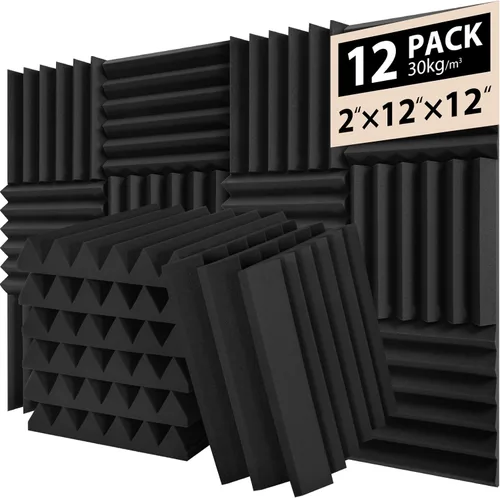 Vista 9 de Paquete de 12 Paneles de Espuma Acústica de 1" x 12" x 12" Paneles Insonorizados Negros Aislamiento Acústico para Pared Absorción Resistente al