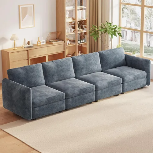 Vista 177 de Guyii Sofá modular de terciopelo, moderno sofá de 4 plazas de gran tamaño con 3 almohadas y reposapiés de almacenamiento, sofá convertible de 115.74