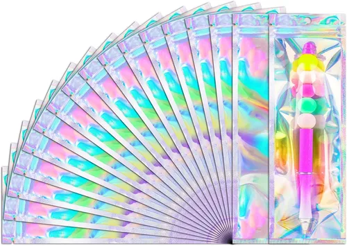Vista 19 de Paquete de 100 bolsas holográficas de Mylar, bolsa de papel de aluminio transparente con cierre, bolsa de embalaje para almacenamiento de alimentos