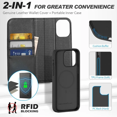 Vista 6 de SHIELDON Funda para iPhone 15 2023, funda de piel auténtica desmontable tipo cartera con función atril, bloqueo RFID, ranuras para tarjetas