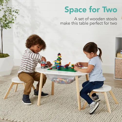 Vista 2 de Best Choice Products Mesa de madera 2 en 1 para niños, centro de actividades de construcción para sala de juegos, desarrollo infantil con mesa