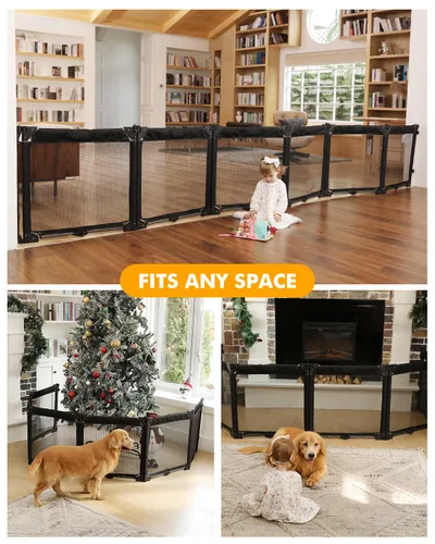 Vista 2 de Dearlomum Corralito extra ancho con malla resistente al calor, valla plegable de 6 paneles, barrera de seguridad para interiores y exteriores, Negro