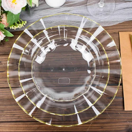 Vista 23 de Efavormart 10 Pack Platos redondos de plástico negro de 6" para postre y ensalada, platos desechables para aperitivos con borde ondulado dorado