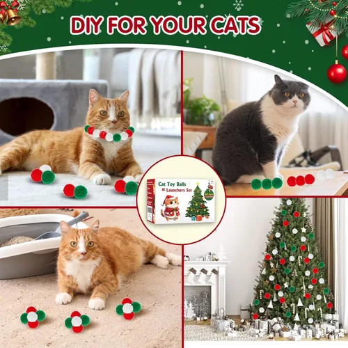 Vista 6 de TEAWOO Juego de bolas de juguete para gatos con lanzadores (2+60), 60 bolas de pompones y 2 lanzadores de bolas, juguetes de enriquecimiento