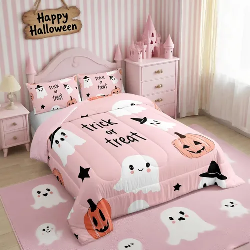 Vista 17 de Feelyou Juego de edredón de calabaza para todas las estaciones, decoración de Halloween, juego de ropa de cama con 1 funda de almohada, microfibra