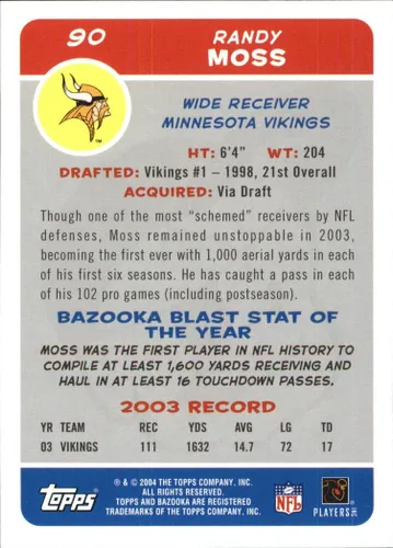 Vista 2 de 2004 Bazooka #90 Randy Moss NFL Football Trading Card