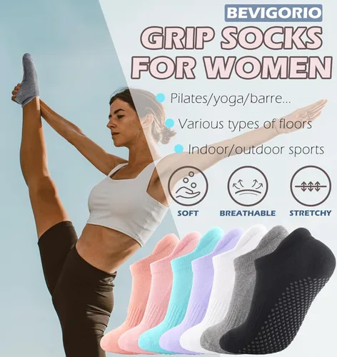 Vista 5 de Bevigorio Calcetines de agarre de pilates, calcetines de yoga con agarres para mujer, calcetines de ballet con agarre antideslizante
