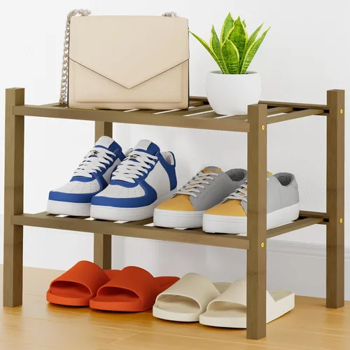 Vista 28 de Smiry Zapatero pequeño de bambú de 2 niveles, apilable, estante de almacenamiento de zapatos de madera para armario, entrada, entrada de puerta Negro