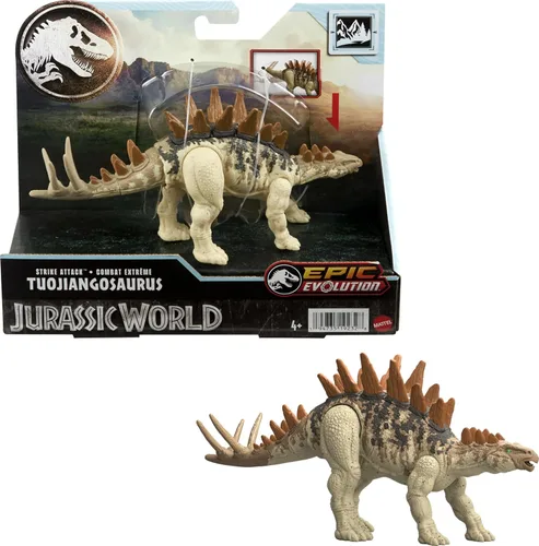 Mattel Juguete de dinosaurio Jurassic World Strike Attack con acción de un solo golpe y articulaciones móviles, figura de acción Tuojiangosaurus