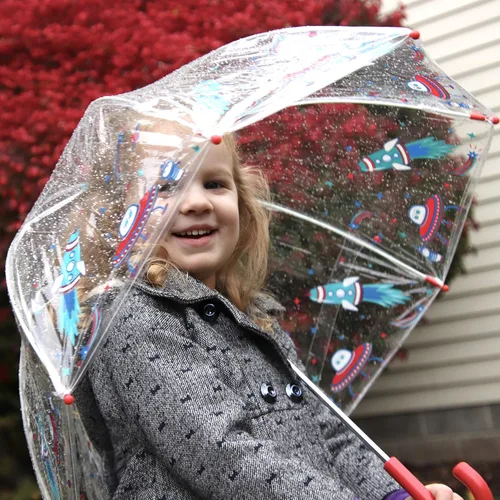 Vista 4 de totes Paraguas de burbujas transparente para niños con mango de fácil agarre, Aventura Cósmica, Paraguas de burbujas transparente con mango de fácil