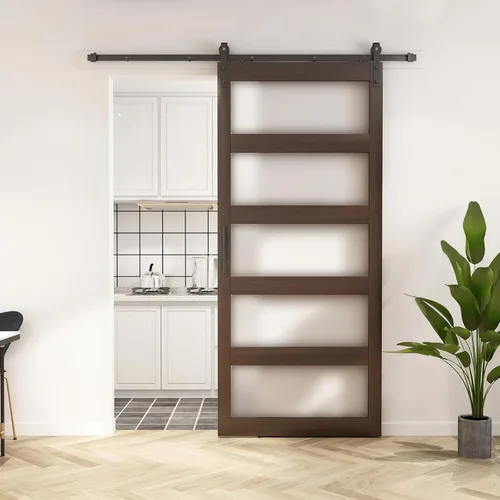 Vista 12 de BARNSMITH Puerta de granero de vidrio de 32 x 84 pulgadas con herrajes para puerta corrediza de níquel cepillado de 5.5 pies incluidos y asa, Blanco
