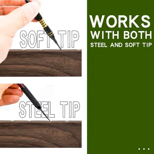 Vista 4 de DIMBOI Soporte de pared para dardos de madera de nogal, 4 juegos para un total de 12 dardos de punta de acero/suave, con marcador de línea