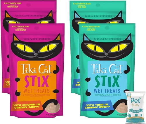 Tiki Cat Stix - Golosinas húmedas Tiki Cat Stix sin granos, mezcla suave y sedosa en salsa cremosa de atún y pollo, con 10 toallitas para mascotas