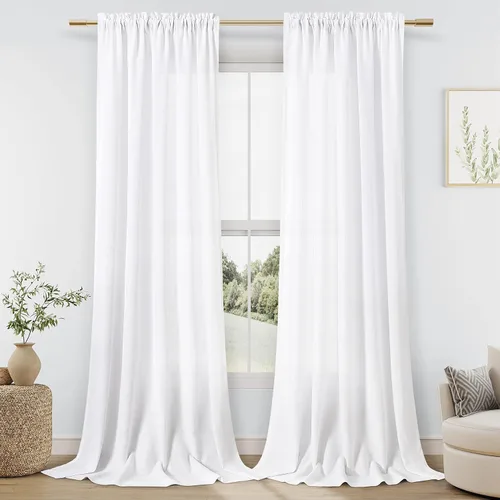 Vista 80 de Guken Cortinas de lino verde aguamarina de 84 pulgadas de largo, juego de 2 paneles semitransparentes con bolsillo para barra para comedor