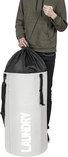 Vista 5 de Chrislley Cesta de lavandería extra grande de 106 litros con cordón para dormitorio, mochila para lavandería, cesta plegable para estudiantes Beige