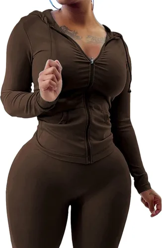 Vista 4 de PINSV Conjunto de dos piezas para mujer, conjunto de entrenamiento ajustado de manga larga con cremallera, sudadera con capucha y pantalones