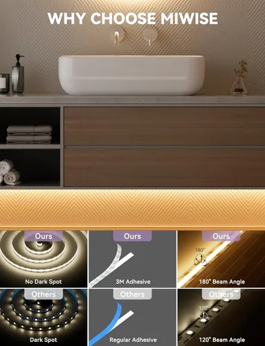 Vista 3 de MIWISE Tira de luces LED USB 5V, tira de luz LED COB súper brillante de 2700K blanco cálido con interruptor regulador táctil, cinta de luz regulable
