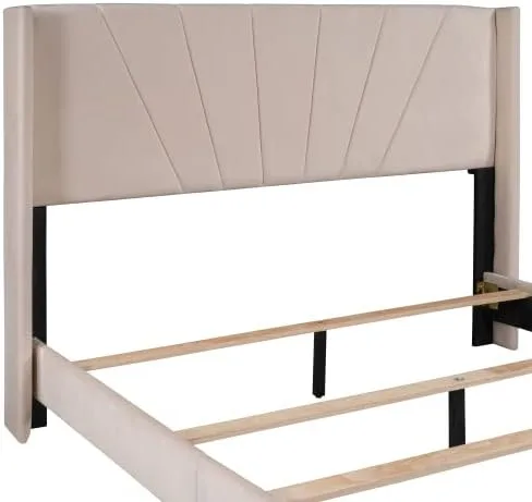 Vista 5 de Marco de cama tapizado de terciopelo Queen con cabecera y soporte de listones de madera, marco de cama tamaño Queen, marco de cama moderno Cama Beige