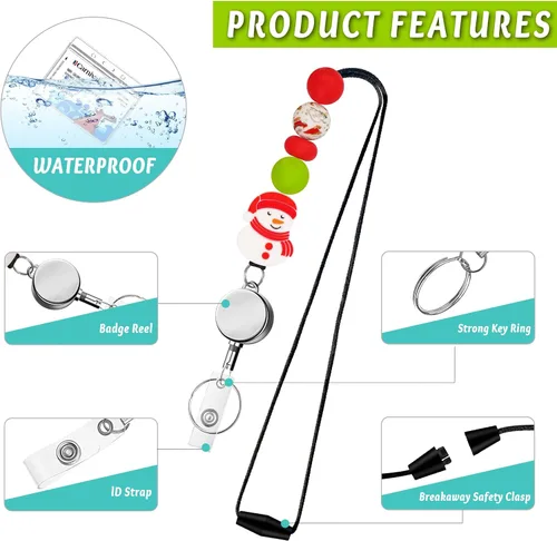 Vista 3 de Cordones retráctiles para tarjetas de identificación y llaves, lindo cordón de silicona con cuentas para profesores con soporte de identificación