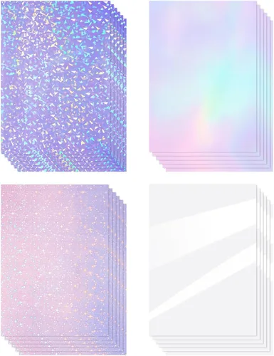 Vista 9 de Clabby 36 hojas de papel holográfico para pegatinas A4, láminas laminadas holográficas de vinilo, autoadhesivas, impermeables, transparentes, 11.7 x