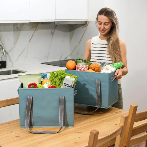 Vista 2 de VENO Paquete de 2 bolsas reutilizables de 8 galones, bolsas de compras extra grandes para comestibles, bolsa utilitaria con asas y parte inferior