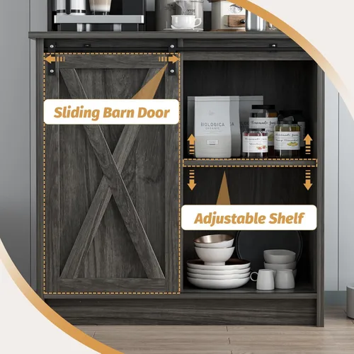 Vista 3 de 4ever2buy Barra de café de granja con gabinete, gabinete de buffet de 31 pulgadas con puerta corrediza de granero, armario de barra de Gris