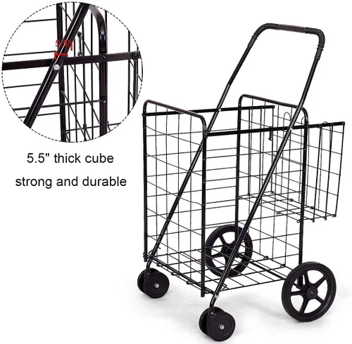 Vista 5 de Nightcore Carrito de compras plegable, carrito grande de comestibles con ruedas giratorias dobles y cestas de almacenamiento dobles, carrito ligero