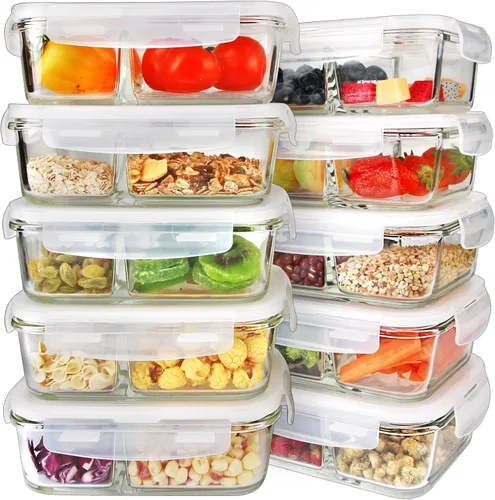 Vista 11 de Contenedores de preparación de comidas, 2 compartimentos con cuencos de vidrio con tapas, recipientes de almacenamiento de alimentos, recipientes