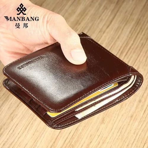 Vista 8 de Cuero de vaca auténtico cartera de lujo para hombre, de lujo, original, de tres pliegues, primera capa, de piel vacuna, horizontal, moda, Café