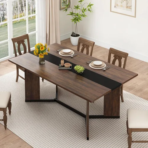 Vista 3 de Juego de mesa de comedor de 7 piezas con 6 sillas acolchadas para 4 y 6 personas, juegos de mesa de cocina de madera grande de 71 pulgadas con mesa