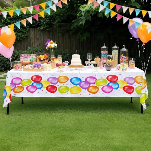 Vista 2 de 3 Pack Colorful Balloons Tablecloth, Disposable Plastic Multicolor Balloons Table Cover 54 x 108 Inch Rectangular, for Picnic Birthday Party Wedding