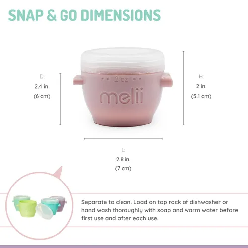 Vista 3 de melii Snap & Go Contenedores de almacenamiento de alimentos para bebés con tapas, recipientes para aperitivos, aptos para congelador, 2 onzas