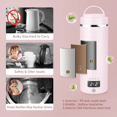 Vista 7 de Hervidor eléctrico portátil de viaje con ebullición enchufable y mantiene el calor a través de USB, 4 ajustes de temperatura, acero inoxidable 304