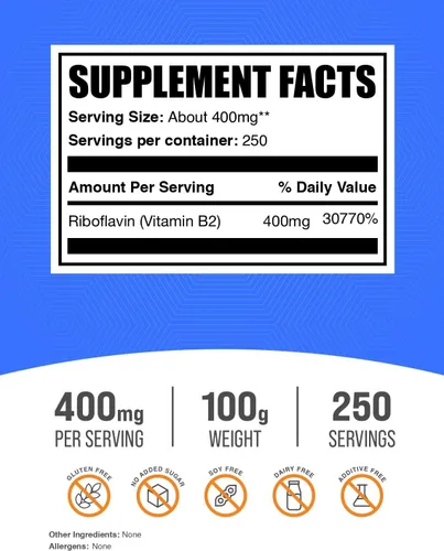 Vista 2 de BulkSupplements. com Riboflavina en polvo - como vitamina B2, suplemento de vitamina B2 - Riboflavina 400 mg, vitaminas B para el bienestar, sin