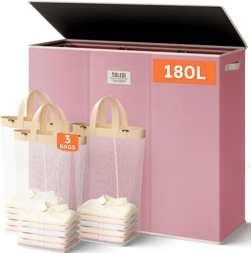 Vista 12 de SOLEDI Cesta de ropa sucia de 180L de 3 secciones, cesta de ropa sucia extra grande con tapa, cesta de ropa sucia con asa resistente, organizador