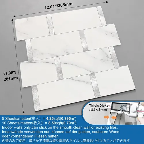 Vista 6 de Azulejos de Metro de Cocina Mate Peel and Stick Backsplash Azulejos Autoadhesivos para Pared de Baño Impermeables Paneles de Mosaico de Metal y Gris