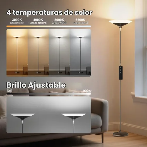 Vista 4 de Lámpara de pie Torchiere plateada metalizada, lámpara de pie LED regulable de 30 W con control remoto/botón, 1800 lm, 3000-6500 K, luz de poste