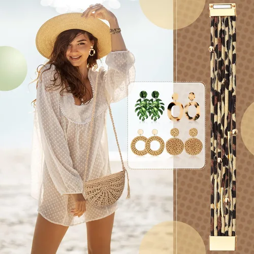 Vista 7 de Hicarer Beach Purse Earrings Set Straw Bag Vacation Purse with 4 Rattan Boho Tropical Earrings Leopard Bracelet