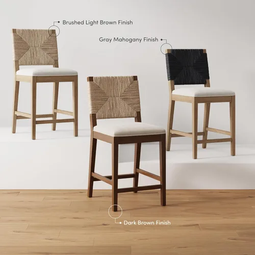 Vista 10 de Nathan James Beacon Taburete de bar bohemio Boucle, silla tapizada de altura de mostrador con marco de madera maciza y respaldo tejido de hierba