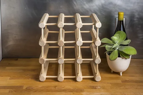 Vista 6 de Soporte modular apilable de madera para almacenamiento de vino con pasadores naturales, 12 botellas, ceniza