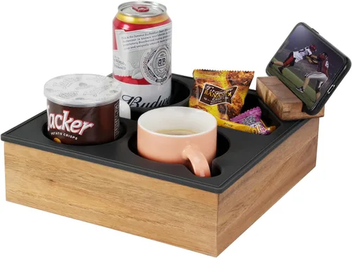 Bandeja portavasos, silicona de grado alimenticio suave de madera de acacia para cama, asiento de automóvil, organizador de playa, impermeable, Negro