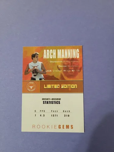 Vista 2 de Arch Manning 2022 Rookie Card Rookie Gems Texas Longhorns