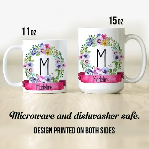 Vista 3 de Personalized Name Coffee Mug Monogram Initial Cup Floral Mug with Name and Letter Microwave and Dishwasher Safe Ceramic