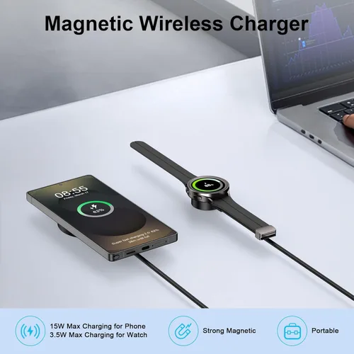 Vista 2 de Cargador inalámbrico para Samsung, 2 en 1 para teléfono Samsung Galaxy de carga rápida y cargador de reloj magnético inalámbrico para Galaxy S26 S25
