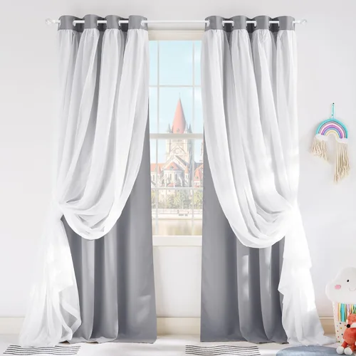 Vista 12 de PONY DANCE Cortinas Opacas con Superposición de Gasa, Cortinas de Doble Capa con Aislamiento Térmico Mix & Match para Oscurecer Habitaciones