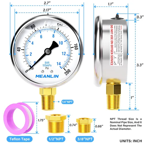 Vista 522 de MEANLIN MEASURE - Vacuómetro de presión de vacío de acero inoxidable, esfera con cara de 2.5 pulgadas, NPT de 1/8 de pulgada, montaje trasero